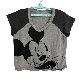 Disney Parks Mickey Mouse Womens M Gray & Black V-Neck Graphic Cropped T-Shirt